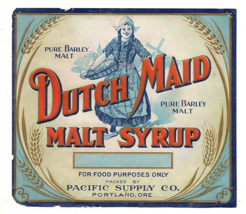 Antique embossed DUTCH MAID MALT SYRUP FOOD LABEL Pacific Supply PORTLAND 1890s