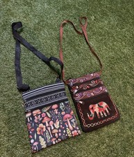 2 x Hippy Boho Crossbody Messenger Bags, Nepali Elephant and Mushroom Toadstool