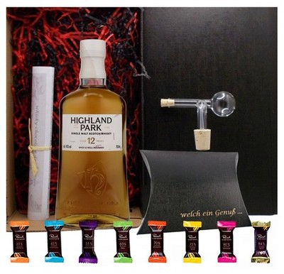 Highland Park 12 Jahre Whisky + Glaskugelportionierer + Edelschokoladen Geschenk