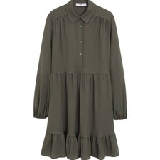 MNG Mango Green Long Sleeve Ruffled Tiered Collared Shirt Dress Size 4 Small