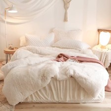 Fuzzy Comforter Cover Set, Soft Faux Fur Shaggy Bedding Set 3 Queen Beige
