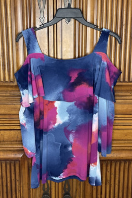 Clara Sun Woo Womens Medium Blue Pink Watercolor Ruffle Stretchy Celebrate Party