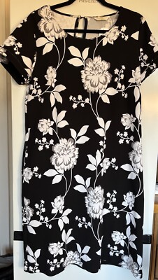 QVC Dannii Minogue Floral Black White Pockets Cap Sleeve Shift