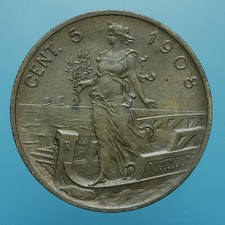 VITTORIO EMANUELE III 5 CENTESIMI 1908 ITALIA SU PRORA RAME COPPER COIN mSPL 