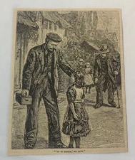 1885 magazine engraving ~ WORKMAN GREETED BY HIS DAUGHTER IN THE STREET
