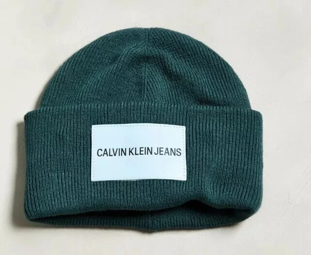 Calvin Klein Jeans Leather Patch Beanie Green New With Tags $40
