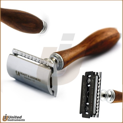 Traditional Double Edge Safety Razor Wooden Handle Hair Shaving With Razor Blade - Picture 2 of 3