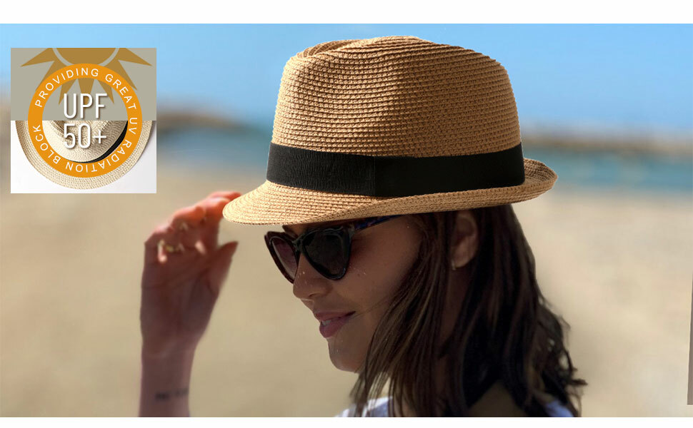 Women\'s Short Brim Panama Straw Sun Hat with UPF 50+ Fedora Beach Cap Creekstone Straw Fedora Sun Hat for Women Men Short Brim  main image 4