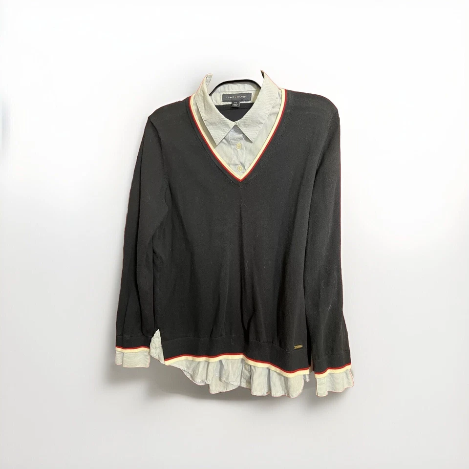 Suéter/Camisa Tommy Hilfiger Look En Capas Cuello en V Azul/Blanco Rayas Talla Grande Foto 3 de 4