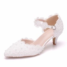 BEAUTIFUL Wedding White Ivory Lace Party Bridal Bridesmaid Mid Heels shoes