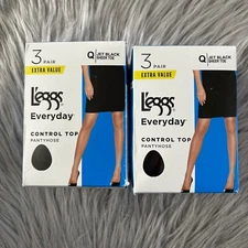 L'eggs Control Top Pantyhose Womens Size Q Large Jet Black Sheer Toe