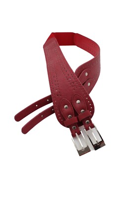 Women Red Color Stretch Band Waisted Unique Belt Silver Metal Double Buckle S M