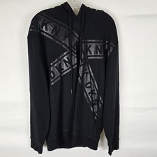 DKNY Hoodie Men's M Black Sweatshirt Drawstring Signature Pattern