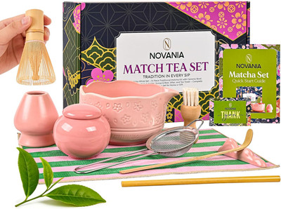 NOVANIA Pink Matcha Whisk Set - 10Pcs Premium Japanese Bamboo Matcha Kit with Bo