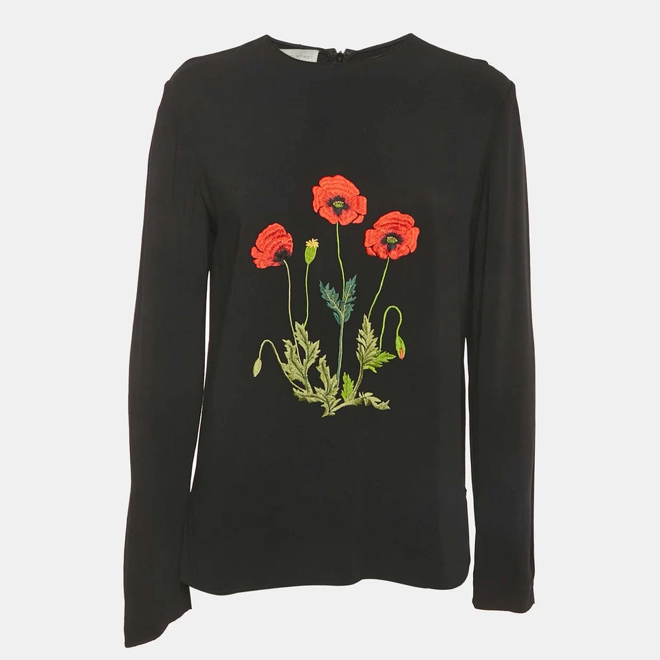 Stella McCartney Black Floral Embroidered Crepe Blouse S