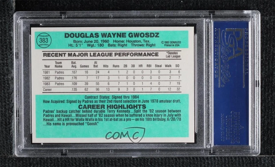 1984 Donruss Doug Gwosdz #383 PSA 10 GEM MT - Image 2 of 2