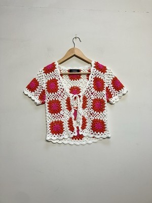 Cider Granny Square Häkel Strickjacke Gr. S/M Strick Frühling rosa creme Boho Hippie