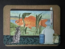 ACEO original art card collage hand-cut paper cats aquarium tropical fish tank