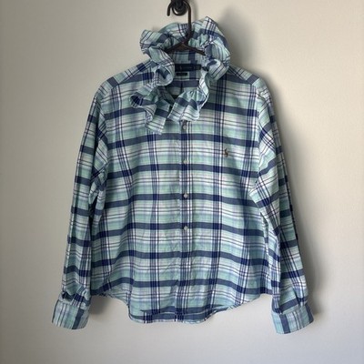 VIRAL Reworked Upcycled POLO RALPH LAUREN Oxford Blue Shirt Ruffle Collar L