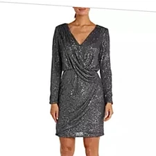 NW Nightway Long Sleeve Mock Wrap Dress Gun metal sequins size 8