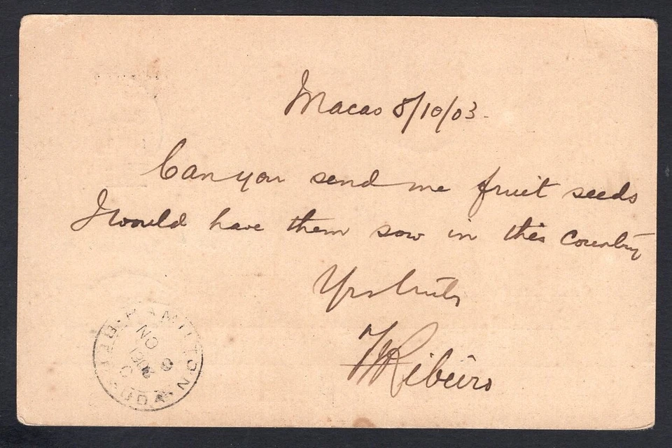 MACAU 1903 Uprated Provisional Postal Card to BERMUDA, via Hong Kong - Image 2 of 2