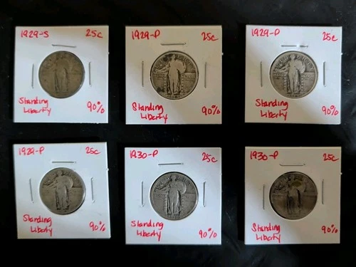 Lot of 6 25c Standing Liberty Silver Quarter Dollars with Dates