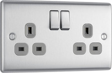 BG Electrical Double Switched Power Plug Wall Socket, Nexus Metal, Brushed Steel