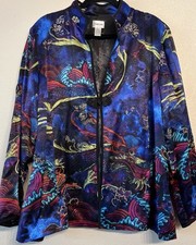 Chico's 100 Silk Asian Inspired Dinner Jacket Mandarin Collar Blue Bold Size 12