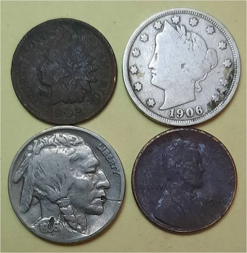 Lot of 4 Old Coins – 1 Indian Head Penny, 1 Lib V 5c, 1 Buffalo 5c & 1 Linc 1c