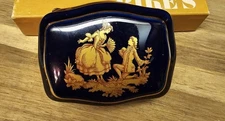 Limoges France Cobalt Blue Gold Small Trinket Box w/Lid French Couple Porcelain