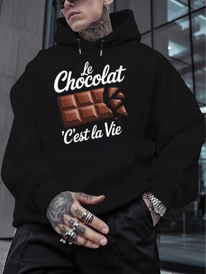 Le Chocolat C'est la Vie Men'S Black Hoodie  Large Size, New Fashion Street Styl