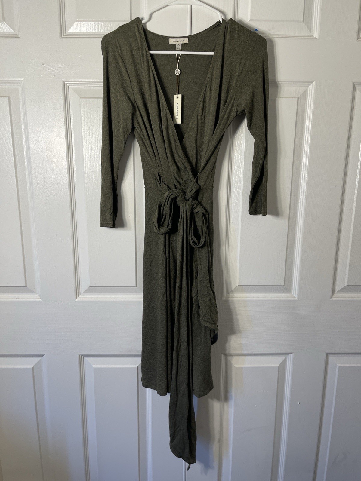 Max Studio Olive Green Wrap Dress Long Sleeve Tie Waist Midi New With Tags Small