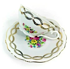 Italian Tea Cup And Saucer White With Gold Details And Floral Made In Italy