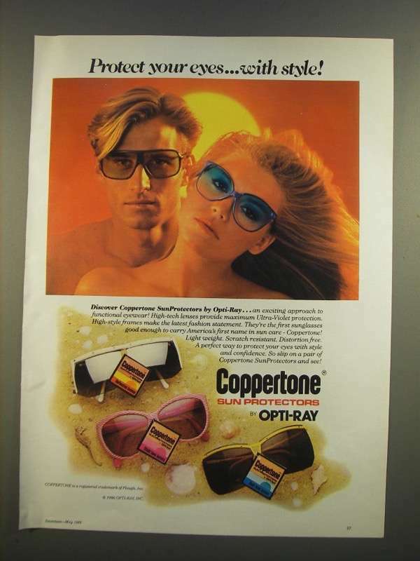 1986 Opti-Ray Coppertone SunProtectors Sun Glasses Ad Protect