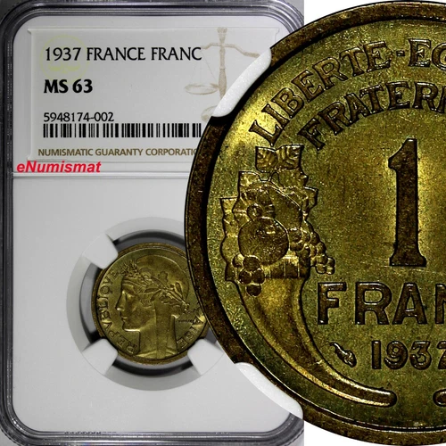 France Aluminum-Bronze 1937 1 Franc NGC MS63  KM# 885 (002)