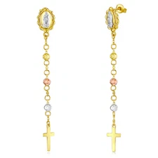 Wellingsale 14k Tri Color Gold Guadalupe Cross Hanging Earrings (5 X 60mm)