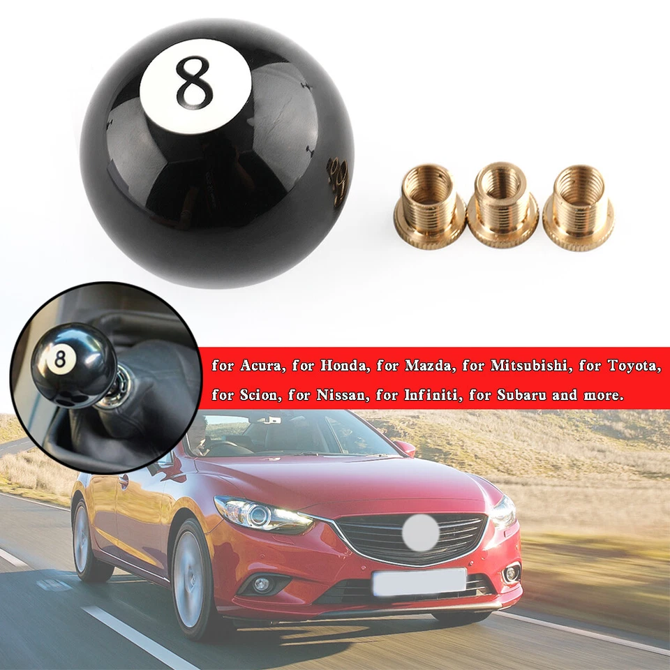 Universal No.8 Billiard Ball Gear Shifter Black Round Shift Knob w/ 3 Adapters Foto 2 de 4