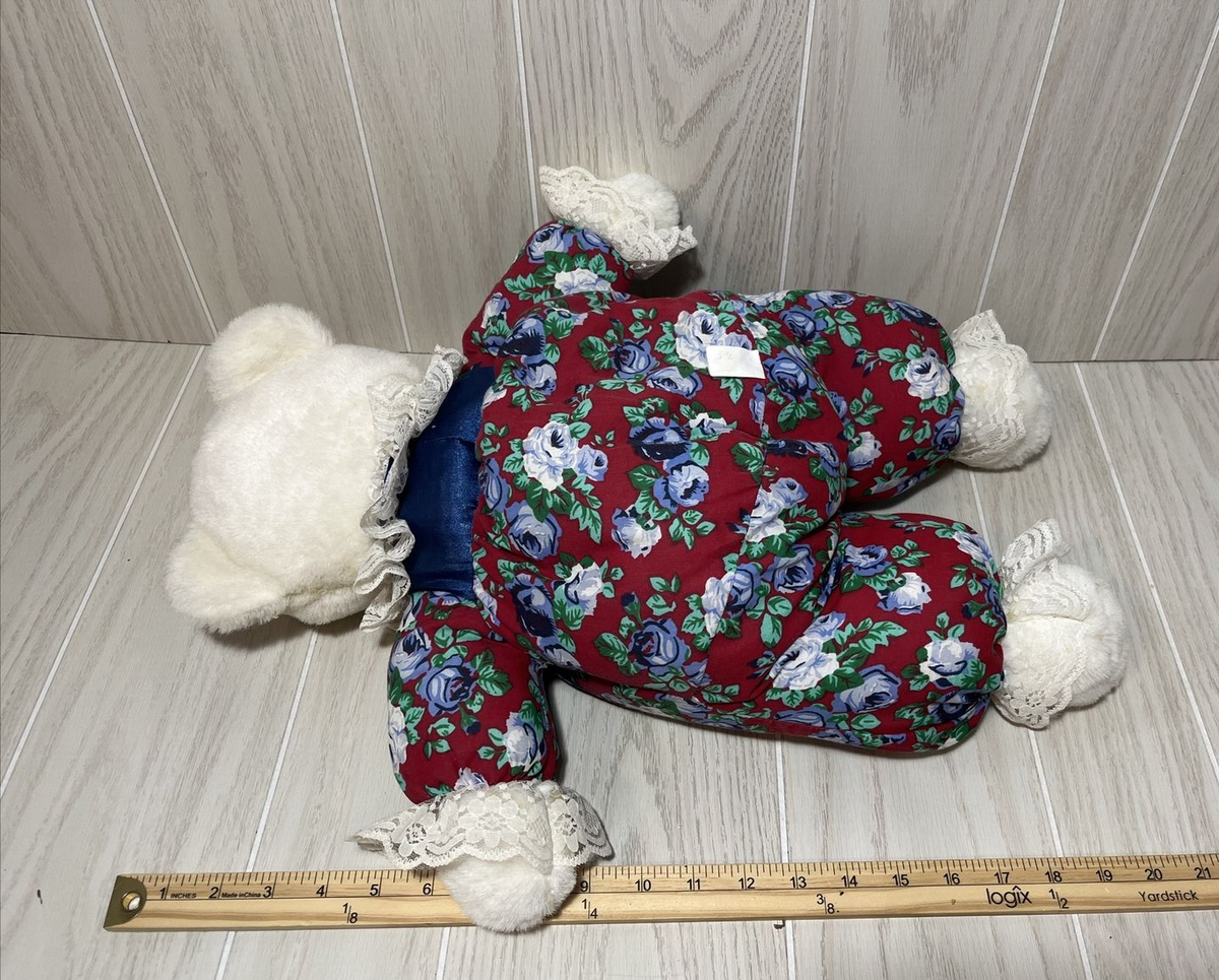 Dandee vintage white teddy bear Plush red blue floral outfit lace