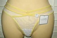 IJAK /  ITS JUST A KISS - NEW - M - WHITE LACE / YELLO TRIM -STRAPPY THONG PANTY