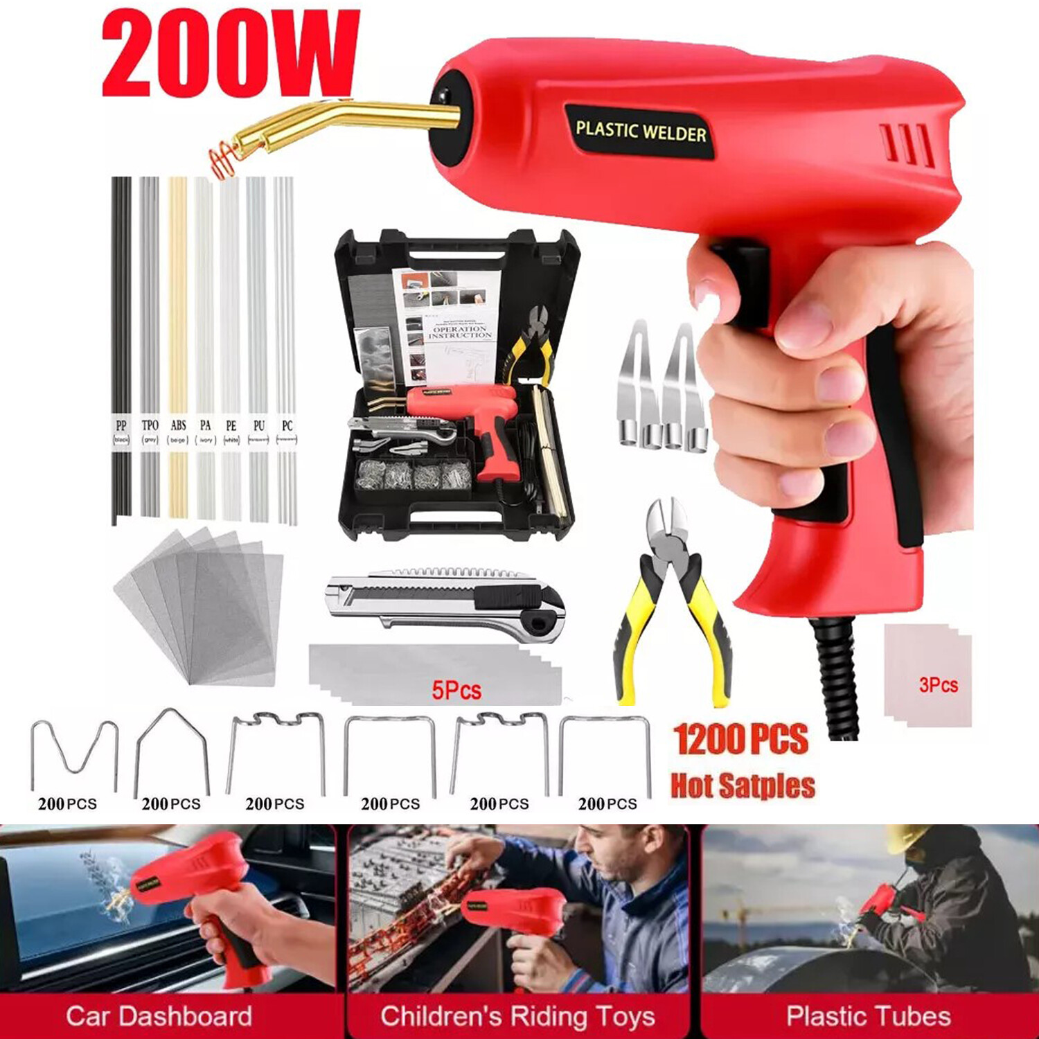 200W Hot Stapler Car Bumper Welder with 1200 Staples for Plastic Repair US-image