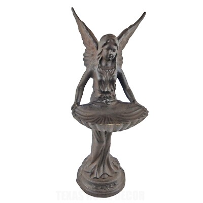 Large Guardian Angel Butler Bird Feeder Rustic Cast Iron Garden Statue 15'' Tall