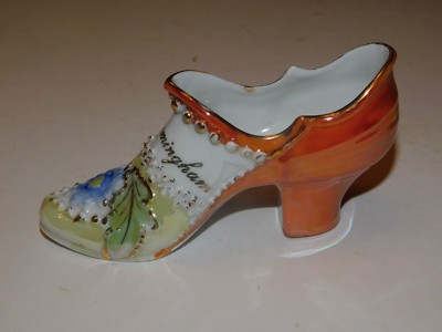 ORANGE GLANZ PORZELLAN SCHUH BLUMENDEKOR ''EIN GESCHENK AUS BIRMINGHAM''