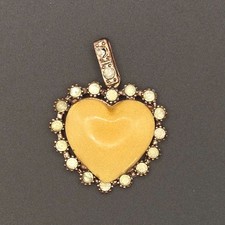 Vintage Pendant Heart Yellow Enamel Pale Green Rhinestone Halo Copper Tone Charm
