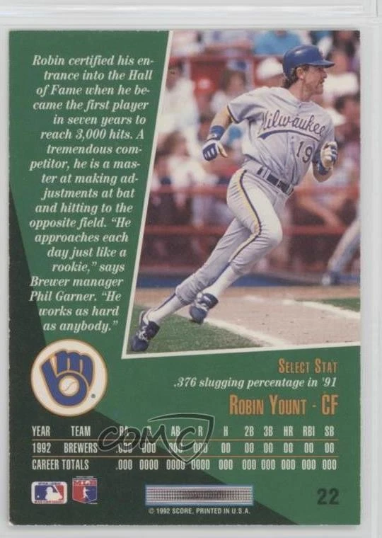 1993 Score Select Samples Robin Yount #22 HOF - Image 2 of 2