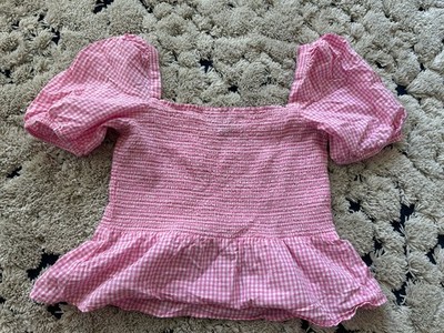French Connection Top Women M Artina Begonia Pink Gingham Check Smocked Milkmaid