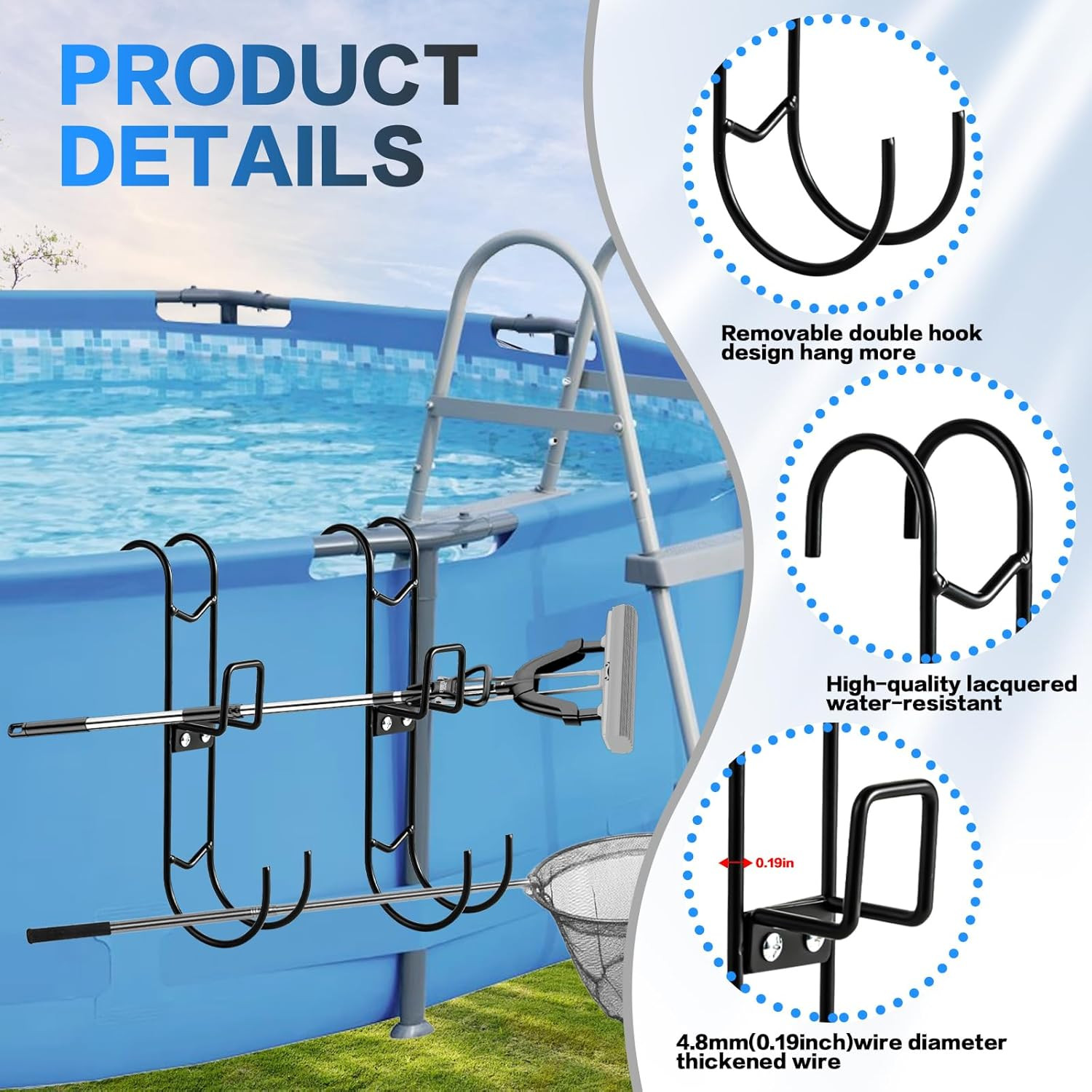 2Pcs Pool Fence Hooks, Heavy Duty Pool Pole Hangers with Detachable Poolside