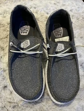 Hey Dude Women’s Size 7 Gray and Silver Glitter Slip Ons Excellent Condition