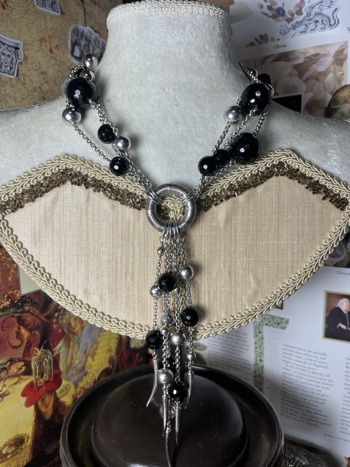 Sterling Silver Statement Black Beaded Spike Neck… - image 1