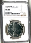 1957 Canada Silver Dollar, NGC MS 66, KM-54, Brilliant White, Finest @ NGC
