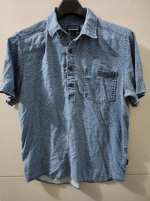 Patagonia Shirt Mens M Step Back Polo Short Sleeve Chambray Hemp Blend Geometric
